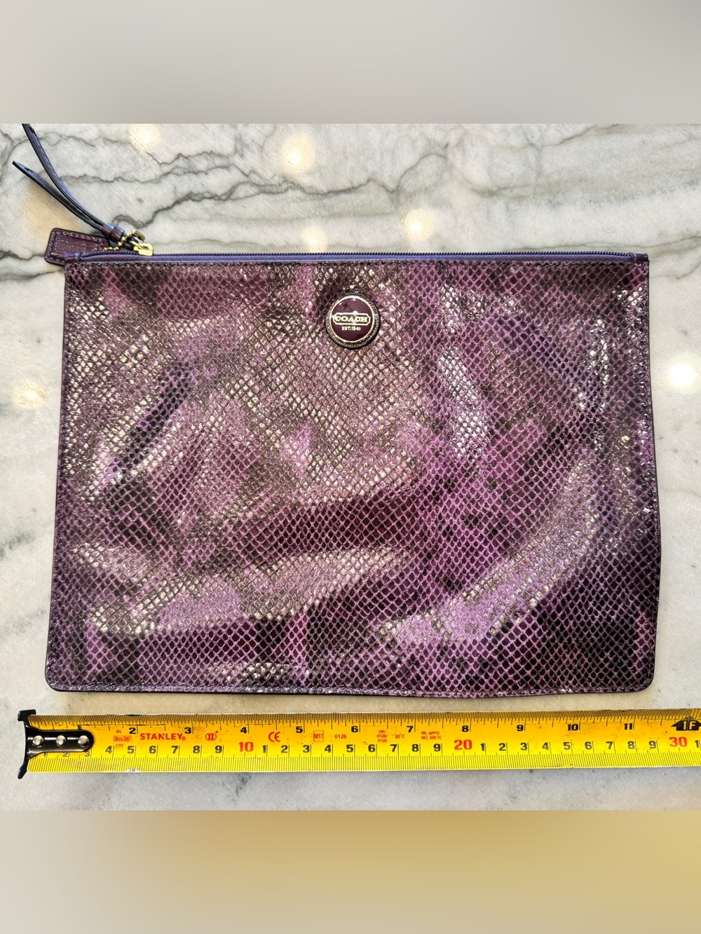 Coach Metallic Purple Snake-Embossed Wristlet Pouch